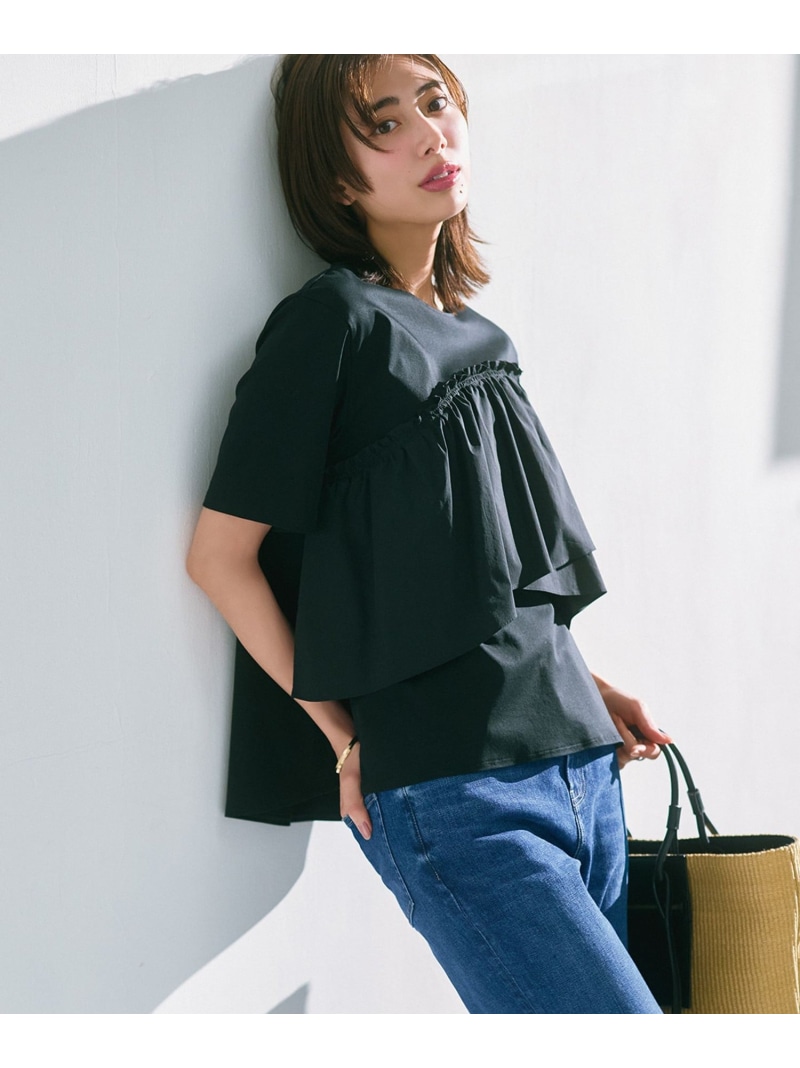 【SALE／50%OFF】【汗じみ防止/洗える】ランダムフリルジャージー ドッキング カットソー 23区 L ニジュウサンク トップス カットソー・Tシャツ ブラック ホワイト グレー【RBA_E】【送料無料】[ Fashion]