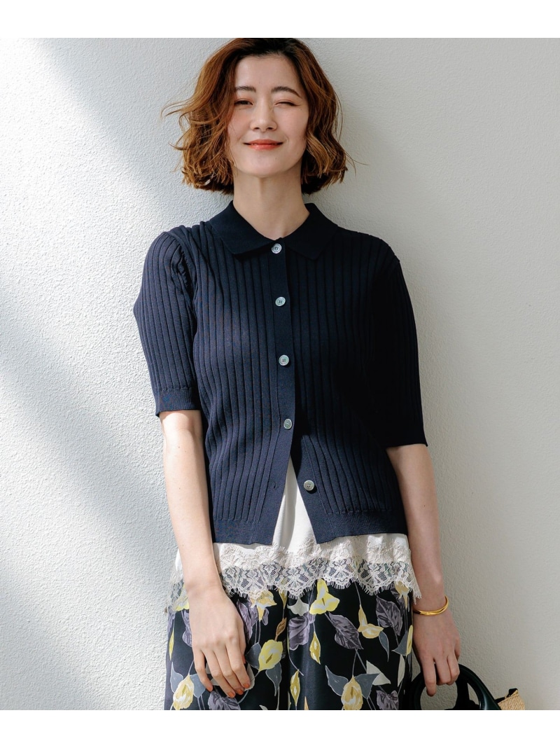 ワイドリブ 五分袖 ポロニット 23区 ニジュウサンク トップス ニット ブラウン ネイビー【送料無料】[ Fashion]