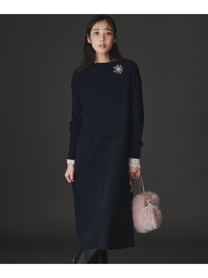 【洗える】レイヤードニットツイン ワンピース 23区 L ニジュウサンク ワンピース・ドレス ワンピース ネイビー ブラウン グレー【送料無料】[ Fashion]