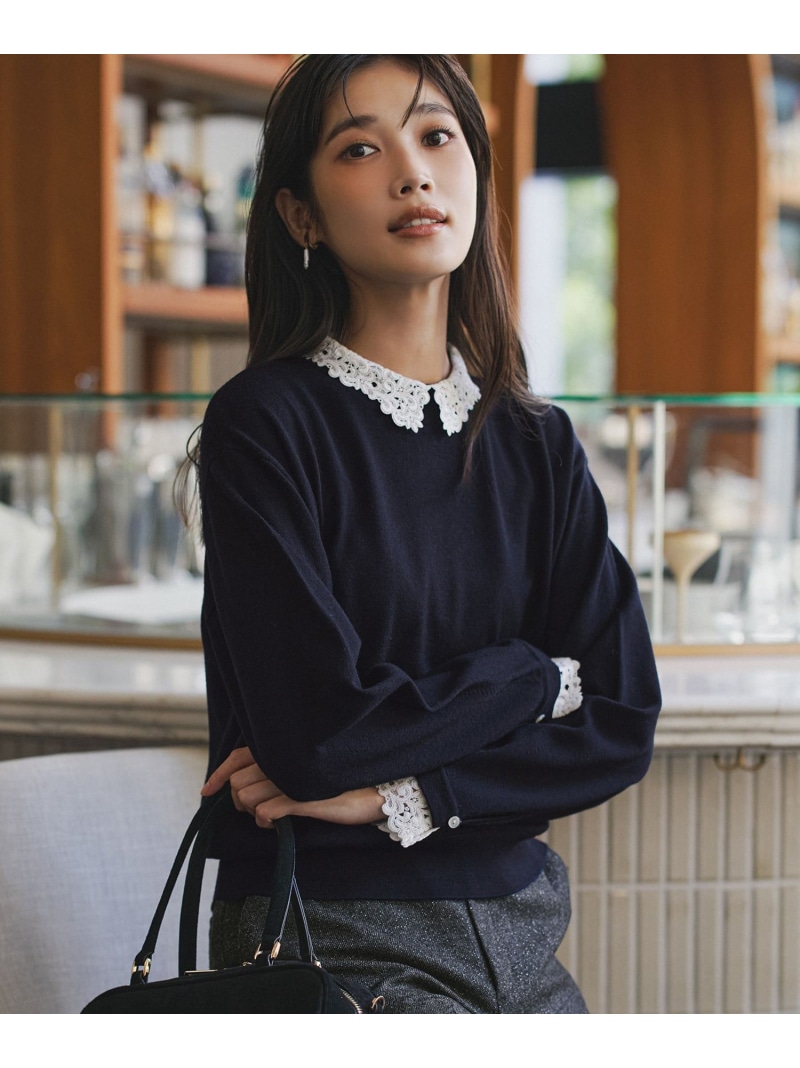 【SALE／30%OFF】【洗える】エンブロイダリー フラワーレースコンビ ニット 23区 L ニジュウサンク トップス ニット ネイビー ブラック グレー【RBA_E】【送料無料】[ Fashion] 13,283円