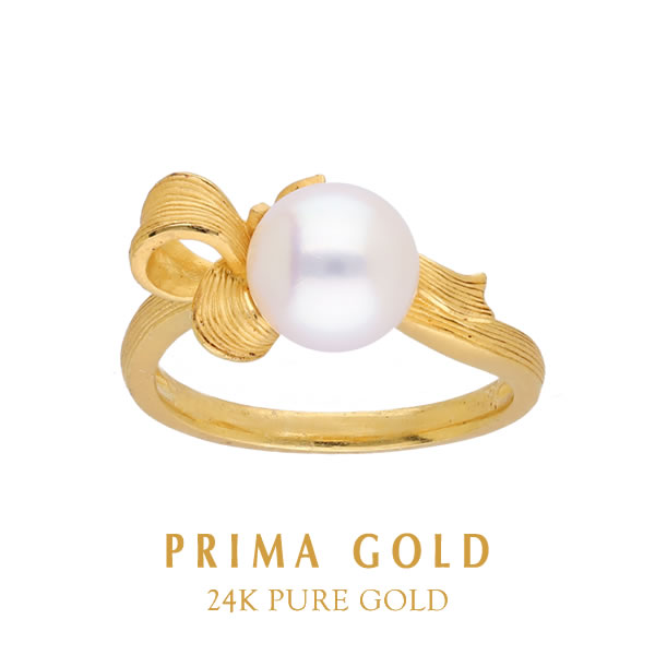 純金パールリング レディース 淡水パール りぼん結び リーフ K24 24金 ジュエリー アクセサリー ブランド PRIMAGOLD プリマゴールド 送料無料