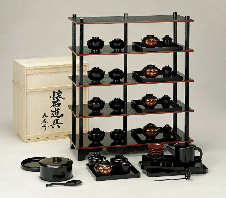 ほぼ未使用 懐石道具 木製 黒真塗 五段縁高重 茶懐石 菓子器 お正月 紙箱 img58229099.jpg