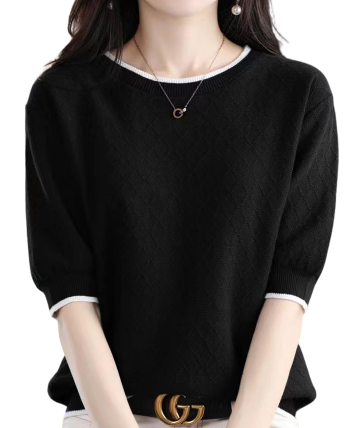 【楽天市場】[Elixio] [エリクシオ] サマーニット レディース 半袖 綿100 ニットTシャツ 涼しい ダイヤ柄 体型カバー 二の腕 ...