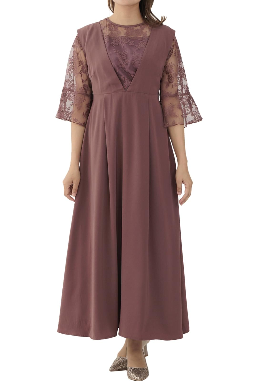 [MORE AUNI] パーティー ドレス レーストップス Vネックドレス セット 結婚式 2次会 77000028