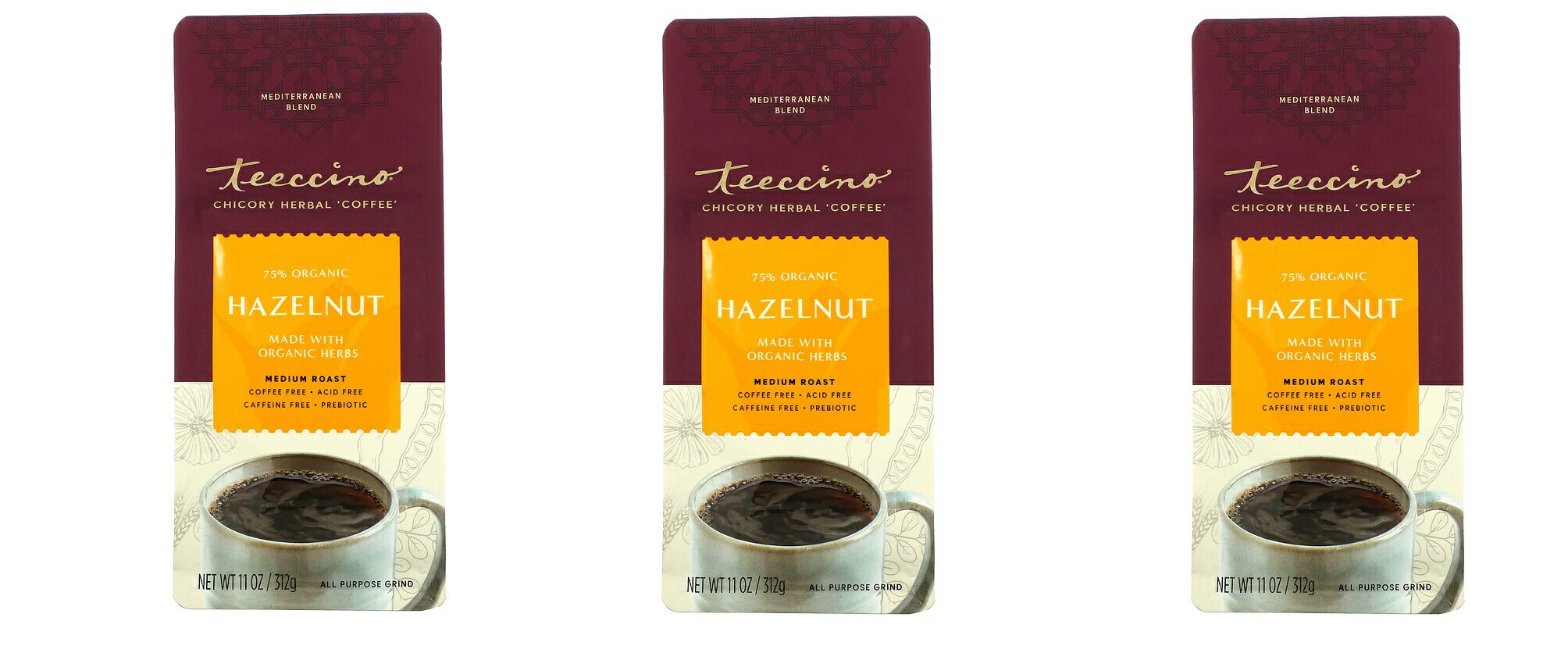 「お得な3袋セット」Teeccino社ヘーゼルナッツチコリハーブコーヒーオルタナティブ、カフェインフリー、アシッドフリー、コーヒー代用、プレバイオティック312g×3袋セット
