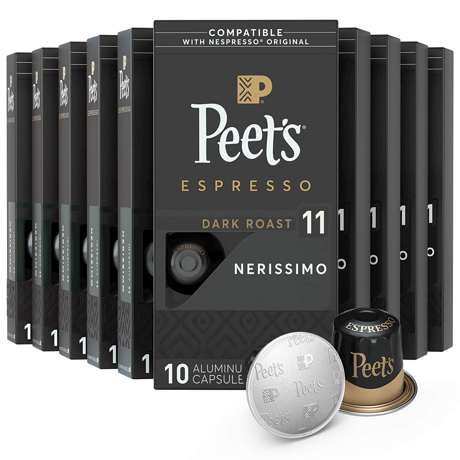 「お得な10箱入り」Peet’s Coffee社 エスプレッソカプセル、ネリシモインテンシティ11ダークローストコーヒー、1和10カプセル入りEspresso Capsules, Nerissimo Intensity 11 Dark Roast Coffee, 100 Count, 10個入り×10箱