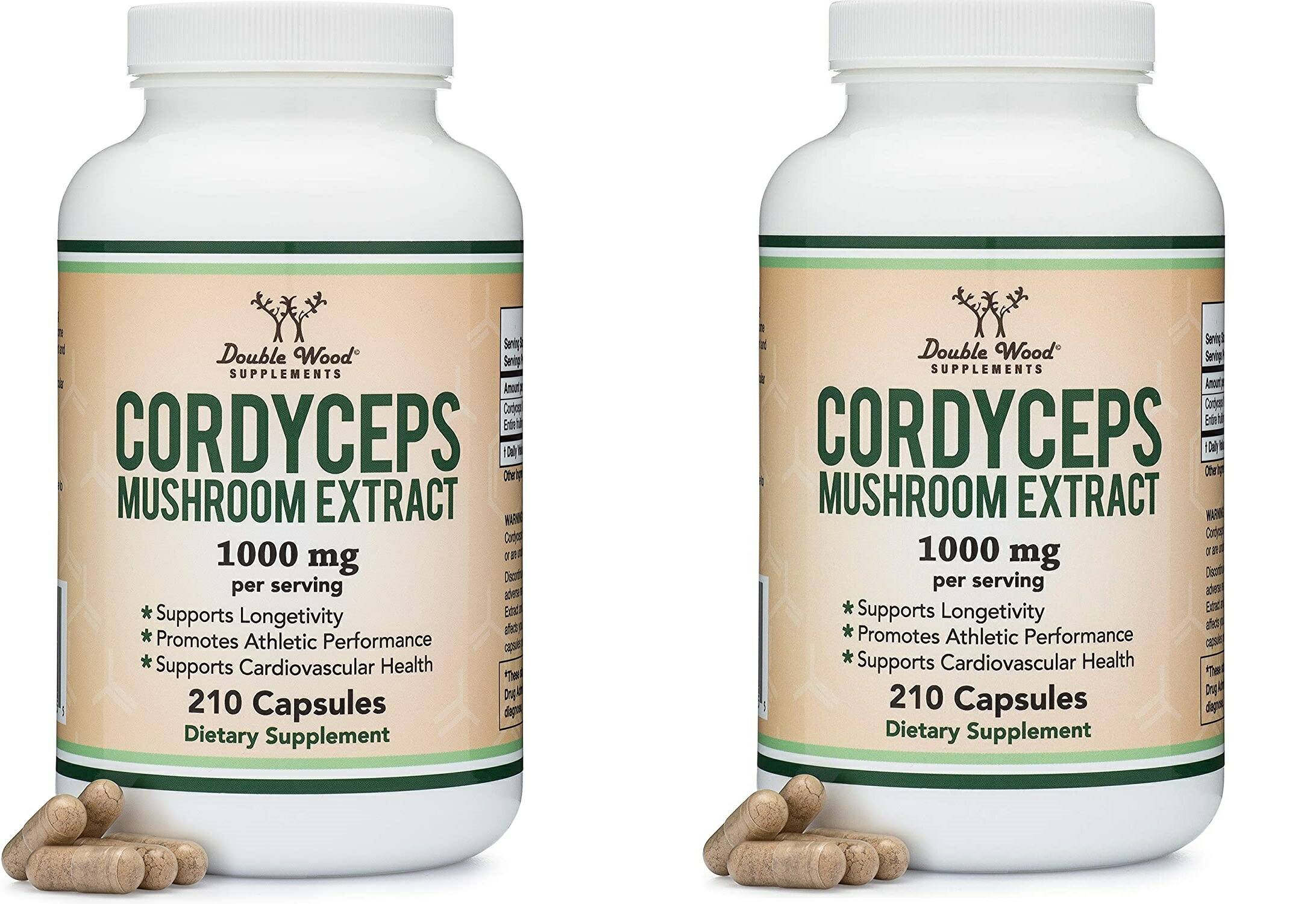 Double Wood Supplements社 コーディセップス(冬虫夏草)の茸抽出エキス(Cordyceps Mushroom Extract)1粒あたり近所500瓱練りあわせると3.5%のアルファグルカンとベータグルカンが詰め込まれた加えること210粒×2本