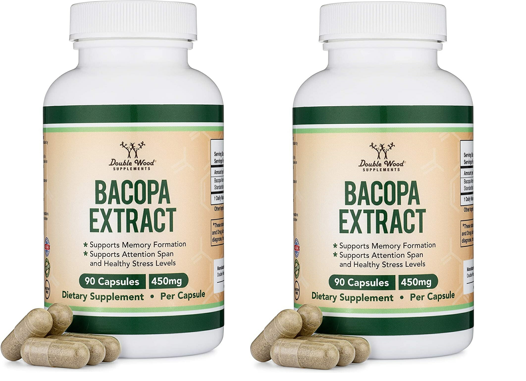 「お得な2本仕掛ける」Double Wood Supplements社バコパモニエリ 加えること(濃化20%)1粒あたり近所450瓱練りあわせる90粒入り口・入口×2本/Bacopa Monnieri  Supplements 450瓱, 90 Count 2bottle