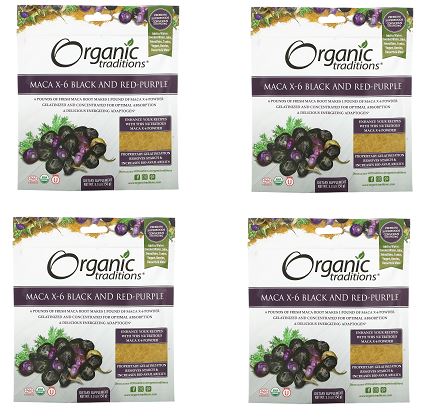 「お得な4袋セット」Organic Traditions社オーガニックイエローマカ、オーガニックレッドパープルマカ、オーガニックブラックマカ粉末150g入り×4袋セット