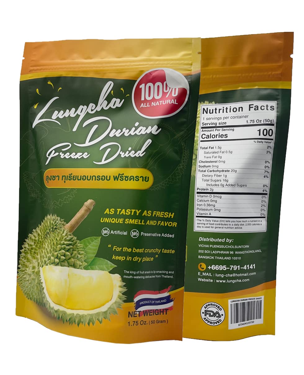 「お得な2袋セット」瞬間冷凍 フリーズドライ の ドリアン50g入りが2袋 Durian King of Fruit Vacuum Freeze Dried Fresh Durian Monthong Made from Real Fruit 50 Gram or 1.75 Ounce Pack of 2