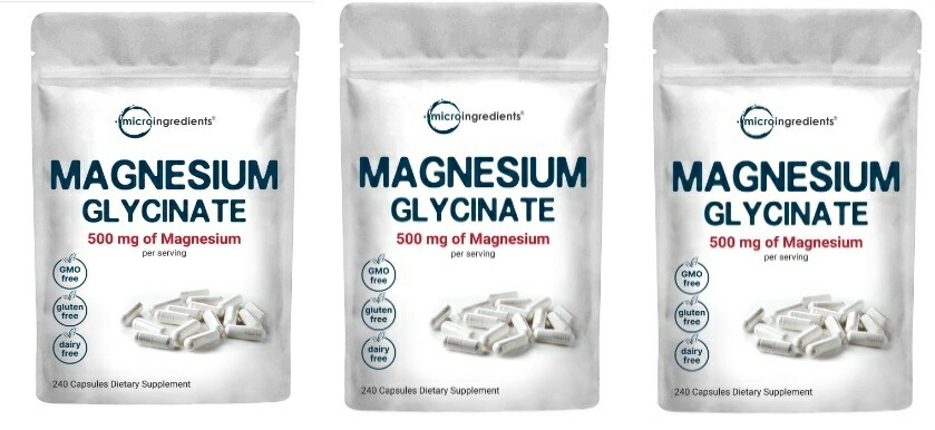 「お得な3袋セット」MICROINGREDIENTS社グリシン酸マグネシウムサプリメント3粒あたり500mg配合240錠×3袋|Hinako