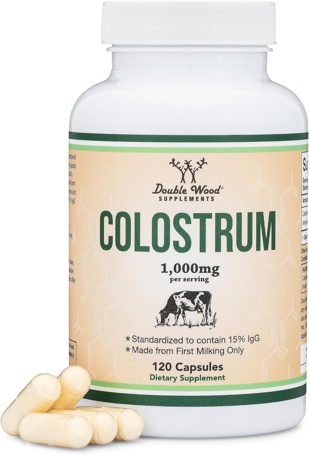 Double Wood 社 コロストラム サプリメント120カプセル1本 初乳パウダー 初乳粉末 Colostrum Supplement 120 Capsules, 1,000mg per Serving (Bovine Colostrum Powder from First Milking Only, Std. to Contain 15% IgG Immunoglobulins) No Fillers, Third Party Tested