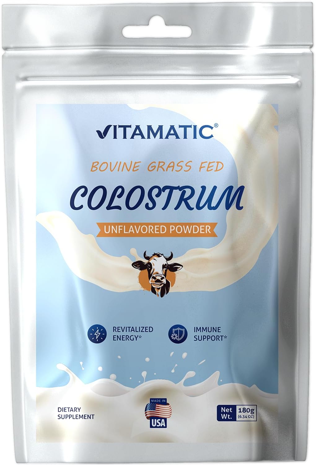 Vitamatic 社 黒牡丹謂われ因縁草藁繁殖 コロストラム 無芳ばしさ 180g 初乳黒色火薬 初乳細末 コロストラム   Vitamatic Bovine Colostrum Powder 180 gram (6.34 OZ) -Gut Health, Hair Growth, Beauty, Muscle Recovery, \u0026 Immune Support  (Unflavored)