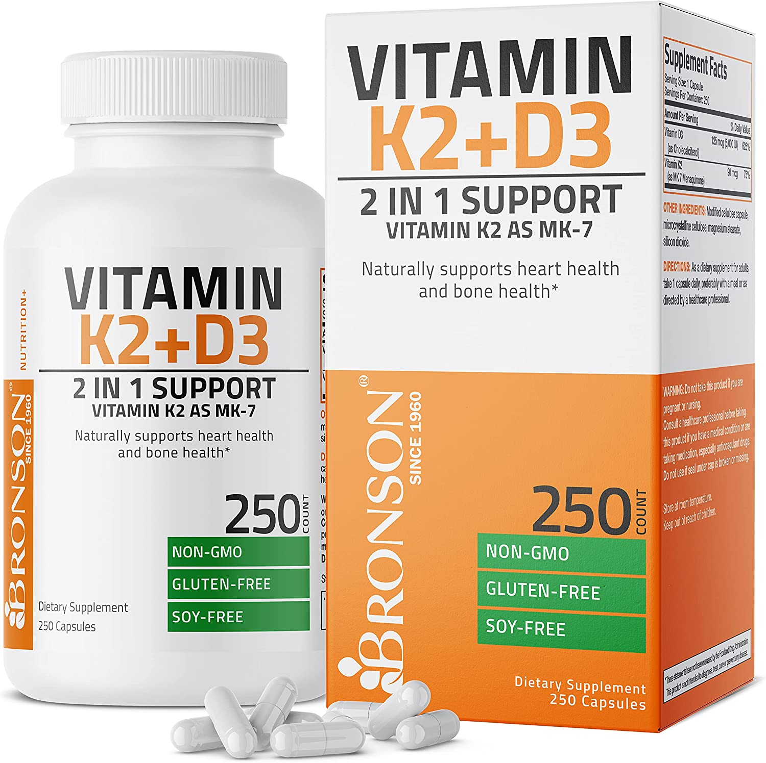 Bronson Vitamin K2 (MK7) with D3 Supplement Non-GMO Formula 5000 IU Vitamin D3 \u0026 90 μg Vitamin K2 MK-7 Easy to Swallow Vitamin D \u0026 K Complex, 250 Capsules