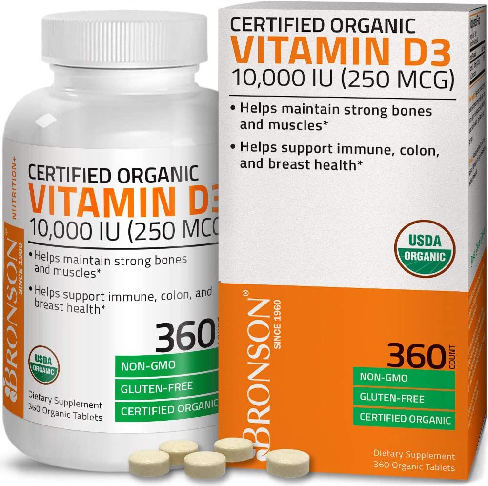 Bronson Vitamin D3 10,000 IU (250 μg) Healthy Muscle Function \u0026 Bone Health, High Potency Organic Non-GMO Vitamin D Supplement 360Tablets