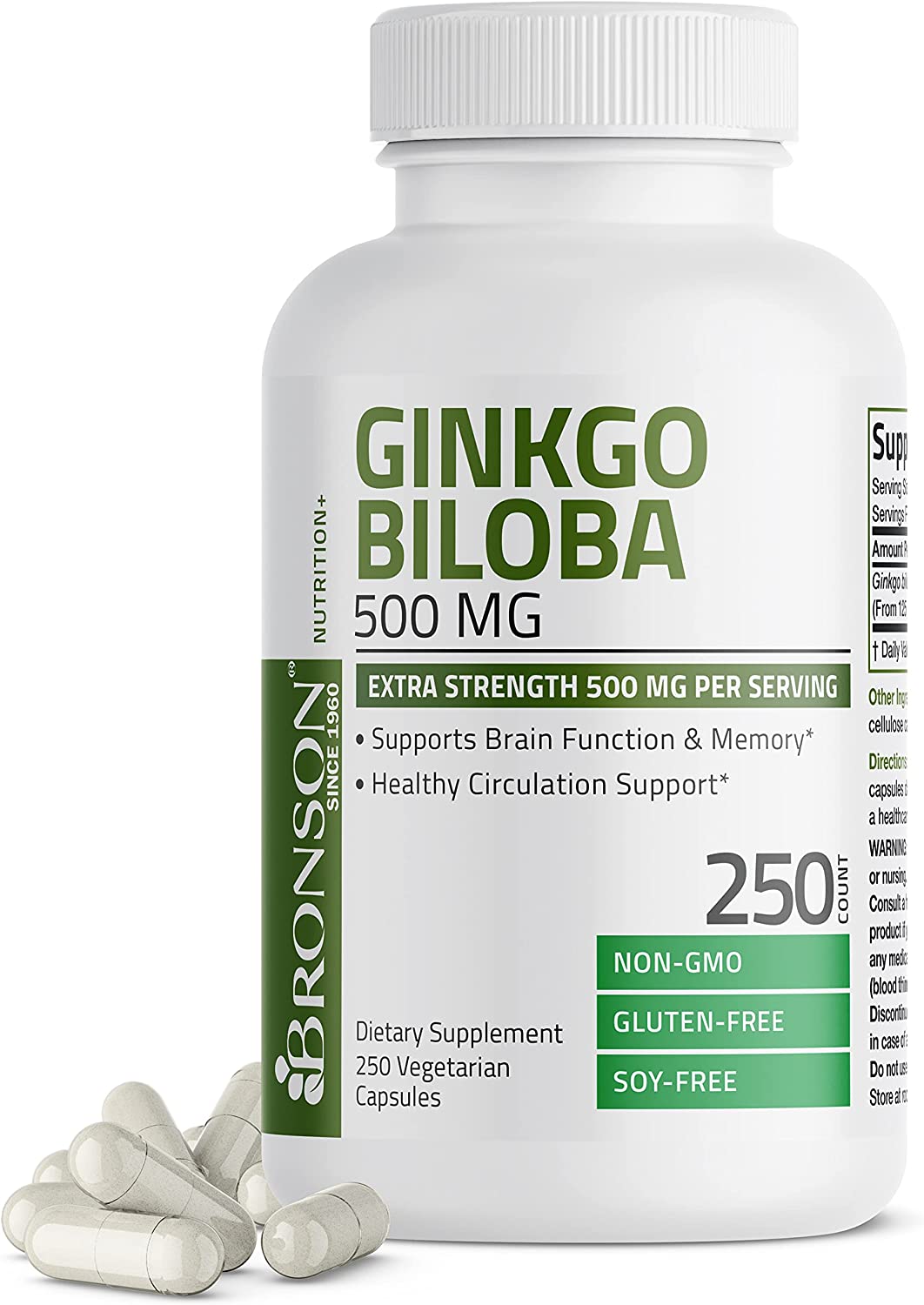Bronson Ginkgo Biloba 500瓱 Extra Strength 500瓱 per Serving - Supports Brain Function \u0026 Memory Support, 250 Vegetarian Capsules