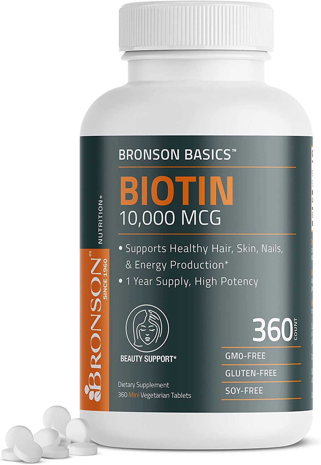 Bronson Biotin 10,000 MCG Supports Healthy Hair, Skin & Nails & Energy Production - High Potency Beauty Support - Non-GMO, 360 Vegetarian Tablets