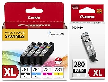 【中古】Canon コマンドラインインターフェース-281 XL BKCMY 4色インキ貯蔵タンク ありがた味風呂敷き包み 2037C005 および Canon PGI-280 XL 絵の具ブラックインクタンク 2021C001 プリンター・FAX用インク-パソコン・周辺機器-インクカートリッジ