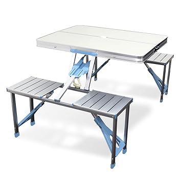 【中古】【39shop】MERMONT★アウトドアテーブル チェアセット 折りたたみ キャンプ ベランダ 4人用 ホワイト アルミテーブル コンパクト BBQ 軽量 釣り 運動会 花見（良い）｜ドリエム店