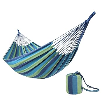 【中古】oncloud Double Hammock for旅行キャンプ裏庭ポーチ、屋外や屋内使用、キャリーポーチブルー/グリーンストライプ