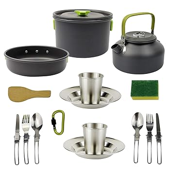 【中古】キャンプ クッカーセット キャンプ用調理器具の取り扱い携帯用キャンプ料理セット軽量キャンプ鍋とパン アウトドア用 色 : 緑, Size : 2-3 peopl
