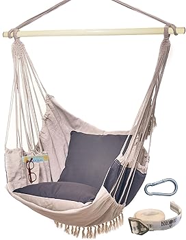 【中古】BDECORU ハンギングハンモックチェアスイング - 屋外&屋内ハンモックスイングチェア 家の外または屋内用 フットレストスイングハンギングチェア
