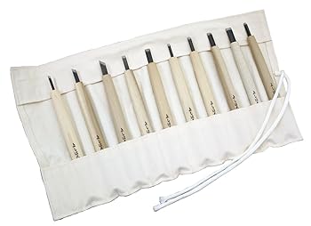 【中古】義春刃物 最高級 付鋼製 別製 よしはる三友 彫刻刀 布ケース入 10本組 W-10