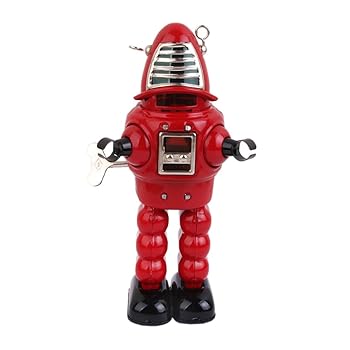 【中古】レトロ ブリキ製 玩具 ネジ巻式 ロボット レッド