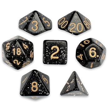 【中古】7 Die Polyhedral Dice Set - Stardust Black Glitter with Velvet Pouch by Wiz Dice