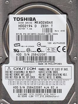 【中古】MK6026GAX、A0PA202D、HDD2194 D ZE01 T、東芝60GB IDE 2.5ハードドライブ