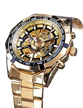 【中古】Forsining 運動競技 メンズ 機械類式ウオッチ ゴールデンステンレススチール スケルトン 澄み切った 雨合羽 ウオッチ