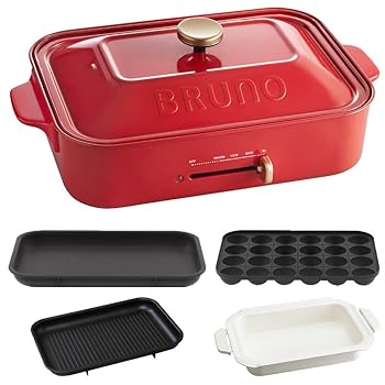 【中古】BRUNO コンパクトホットプレート＋セラミックコート鍋＋グリルプレート 3点セット レッド