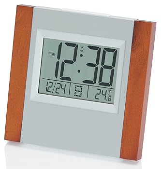 【中古】ADESSOアデッソ 置き時計 電波 デジタル 電波時計 曜日 日付表示 木目 シルバー 8727