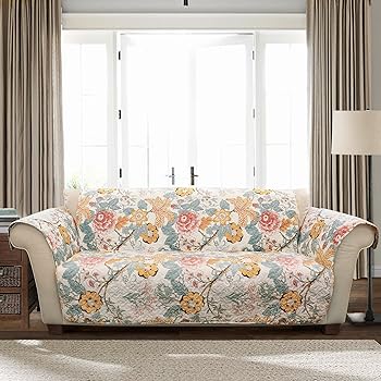 【中古】Lush Decor ソファシドニー家具プロテクター フローラルリーフガーデンパターンカバー ブルー&イエロー ブルー&イエロー