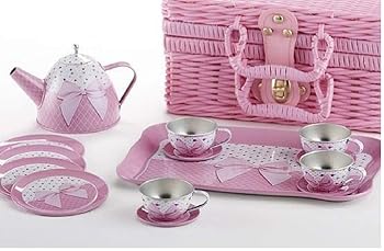 【中古】Delton Products Tin 15 Pieces Tea Set in Basket Pink Bow Serveware