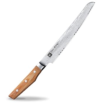 【中古】【39shop】下村工業★日本製 ダマスカス 包丁 雲竜 パンスライサー 210mm VG-10 33層 優美な霞模様 UNR-06 新潟 燕三条製（良い）｜ドリエム店