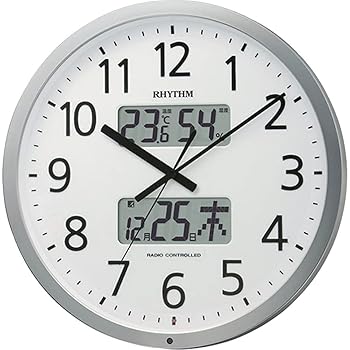 【中古】【39shop】リズムRHYTHM★掛け時計 電波時計 オフィス 24回チャイム機能 温度 湿度 カレンダー 時報機能 シルバー Φ38&times;5.7cm オフィス用品 工場 事務所 プ（非常に良い）｜ドリエム店
