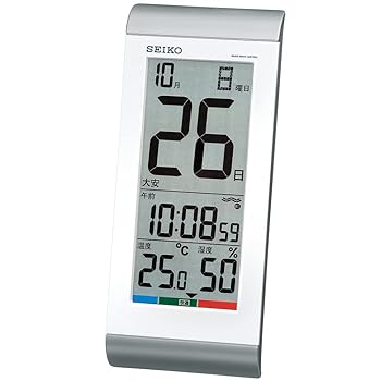 【中古】【39shop】セイコークロック★置き時計 目覚まし時計 掛け時計 電波 デジタル 日めくりカレンダー 温度湿度表示 銀色メタリックメタリック 本体サイズ:24.2(非常に良い)|ドリエム店