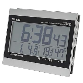 【中古】CASIOカシオ 目覚まし時計 電波 デジタル ウェーブセプター ダブルアラーム 温度 湿度 カレンダー 表示 シルバー ブラック12.1×15×6.7cm DQD-7