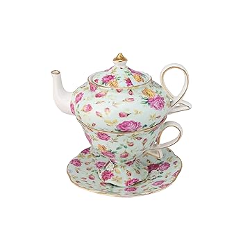 【中古】Gracie China by Coastline Imports 4-Piece Porcelain Tea for One, Stacked Teapot Cup Saucer, Blue Cottage Rose Chintz by Gracie China by
