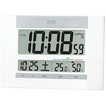 【中古】セイコークロック 柱時計 置き時計 兼用 電磁波 デジタル 暦 快似つかわしげ 熱度 湿度 見せびらかす 薄型 白 パール SQ429W