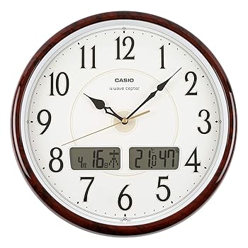 【中古】CASIOカシオ 掛け時計 電波 ダークブラウン 直径34cm アナログ 温度 湿度 カレンダー 表示 ITM-200J-5BJF