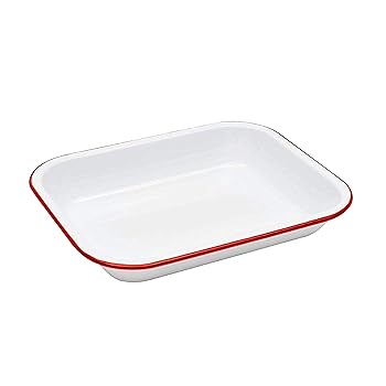 【中古】Solid White with Red Trim - Enamelware Small Roasting Pan - Solid White with Red Rim