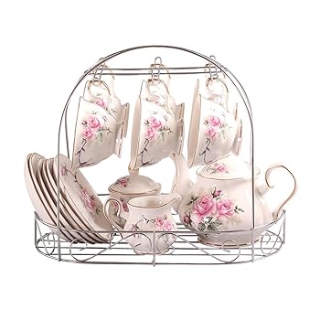 【中古】【39shop】ufengke★ヨーロッパ風 コーヒーカップ15点セット ボーンチャイナ セラミック 磁器ティーカップセット 金属製ホルダー＆ティーギフト UF-TBTS0530（非常に良い）｜ドリエム店