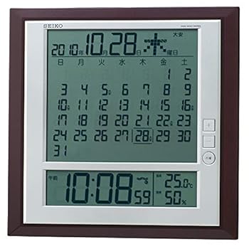 【中古】セイコー クロック 掛け時計 置き時計 兼用 月めくりカレンダー 電波 デジタル 六曜 温度 湿度 表示 茶 メタリック SQ421B SEIKO