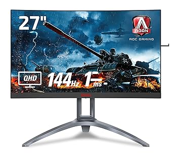 【中古】AOC ゲーミングモニター AG273QCX/11(27インチ/曲面/144Hz/1ms/HDMI/DisplayPort/フリッカーフリー/FreeSync2/高さ調整/DisplayHDR400)
