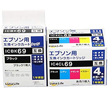 【中古】【非常に良い】エプソン用 互換インクカートリッジ EPSON IC4CL69 4本パック ブラック1本おまけ付き 染料 安心の1年保証 Luna Life ルナライフ LN EP69/4P BK+1 ggw725x