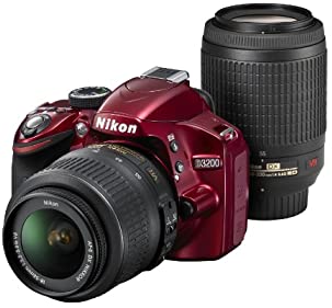 【中古】Nikon デジタル一眼レフカメラ D3200 200mmダブルズームキット 18-55mm/55-200mm付属 レッド D3200WZ200RD