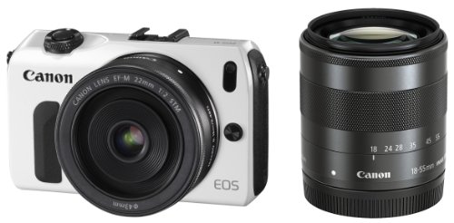 【中古】Canon ミラーレス一眼カメラ EOS M ダブルレンズキット EF-M18-55mm F3.5-5.6 IS STM/EF-M22mm F2 STM付属 ホワイト EOSMWH-WLK｜ドリエム店