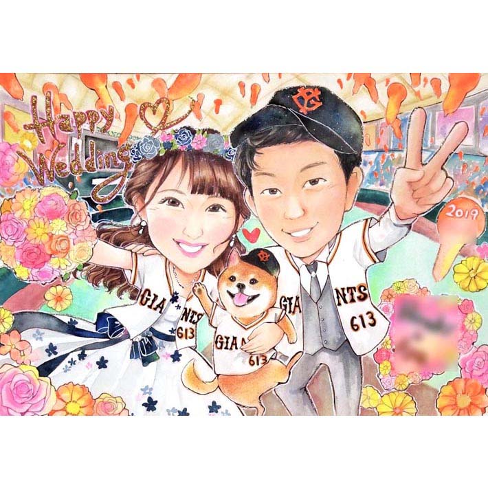 似顔絵のウェルカムボード 結婚式、ブライダルを盛り上げる幸せ笑顔の似顔絵のボードです。ペットや趣味を取り入れたあなただけのオリジナルなボードに仕上げることもできます。あらゆるイベントに対応可な色紙に描くかわいい手書きの似顔絵イラスト。あきよ
